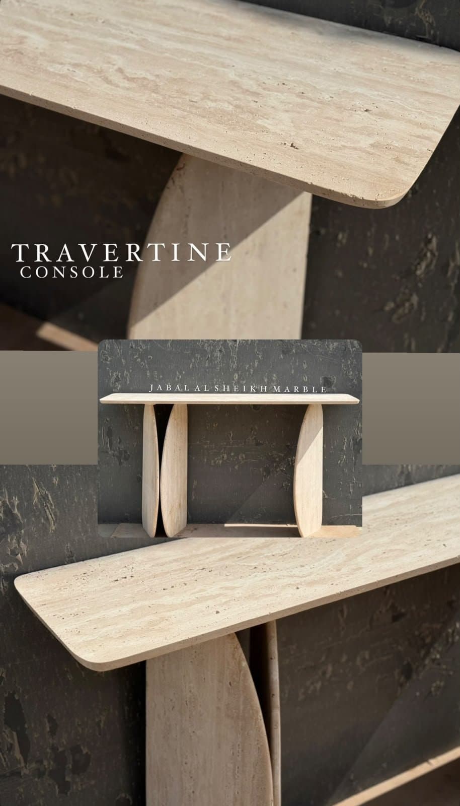 Travertine console table with sculptural curved legs, detail views