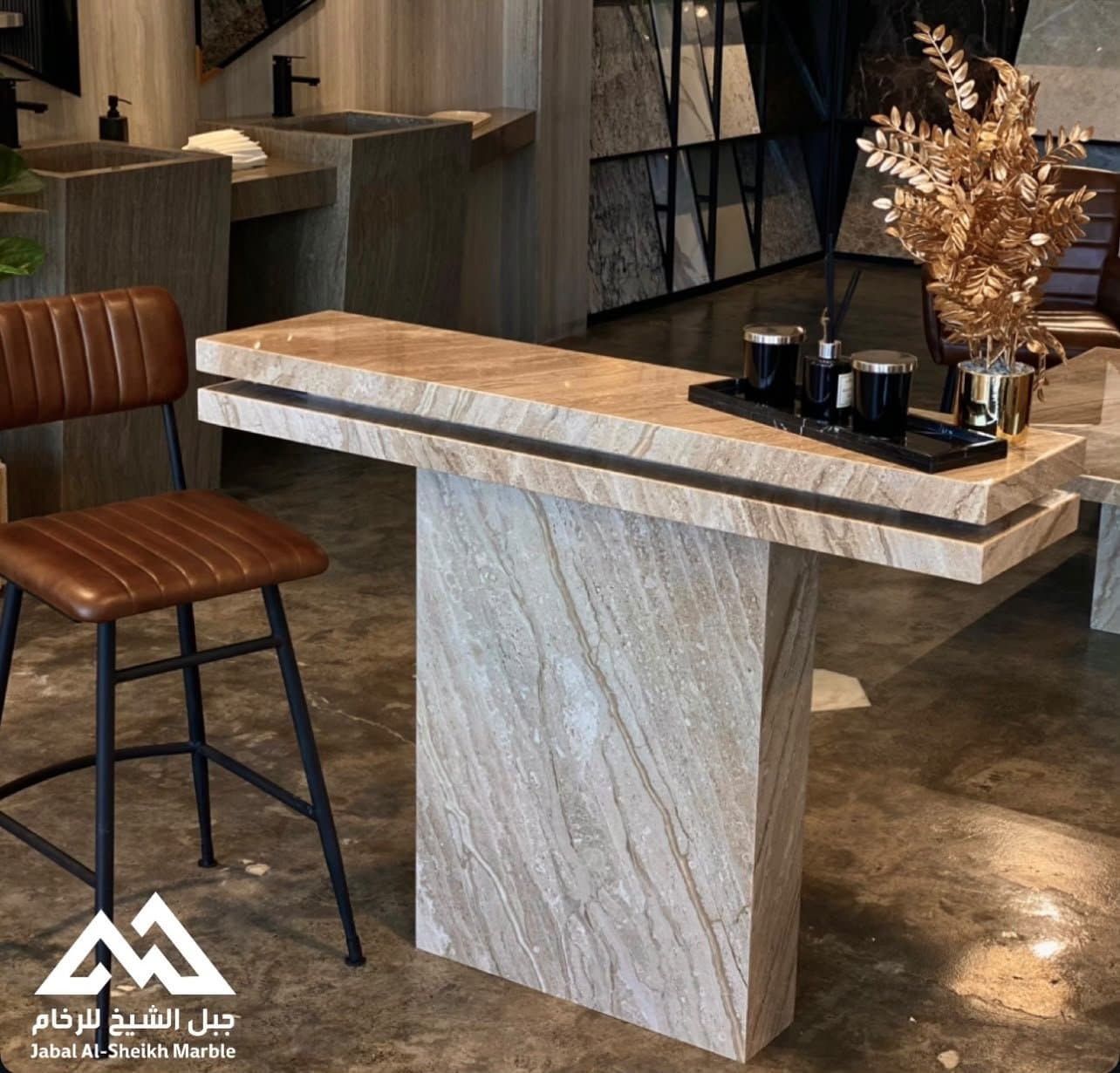 Bar-height travertine console table with a floating shelf