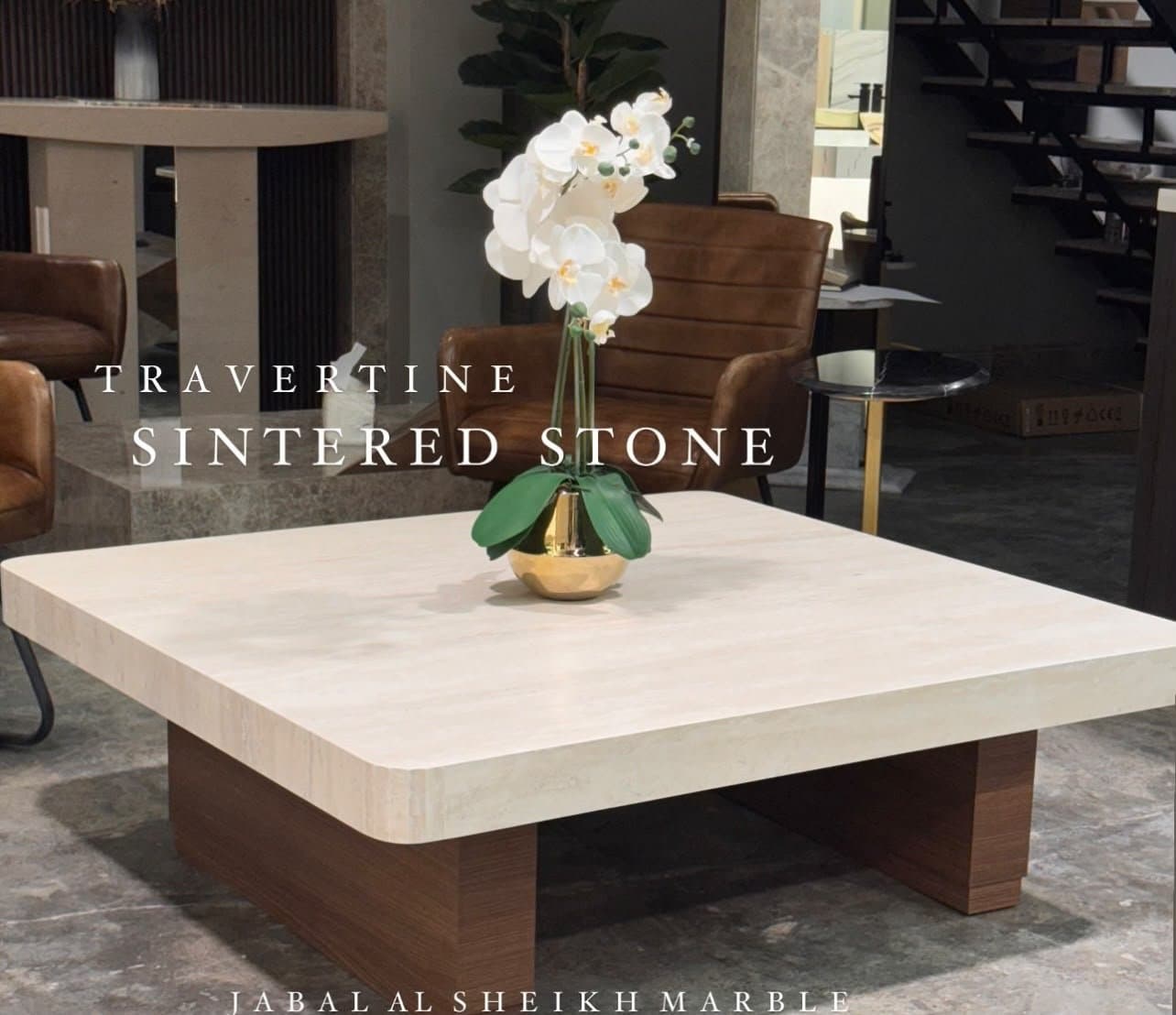 Square travertine and sintered stone coffee table on a wood base