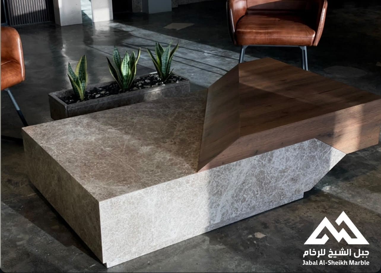 Sculptural marble and walnut coffee table