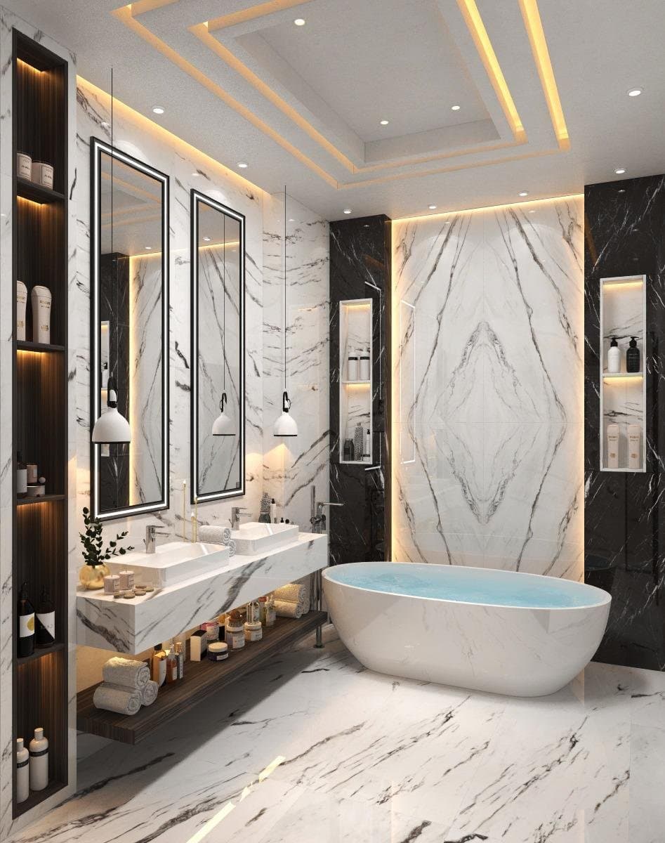 Marble wall cladding in a bathroom behind a freestanding tub