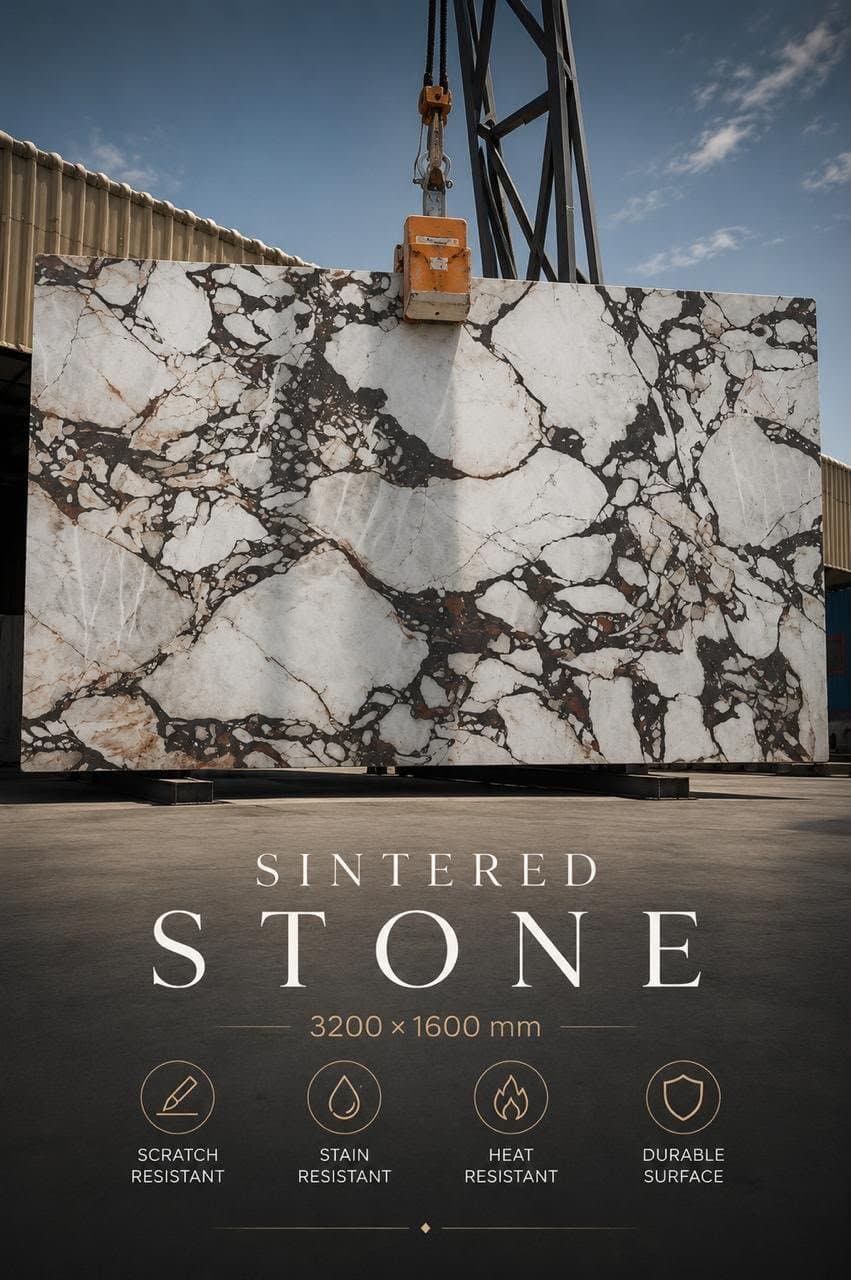 Sintered stone slab, angled grey stone-look finish