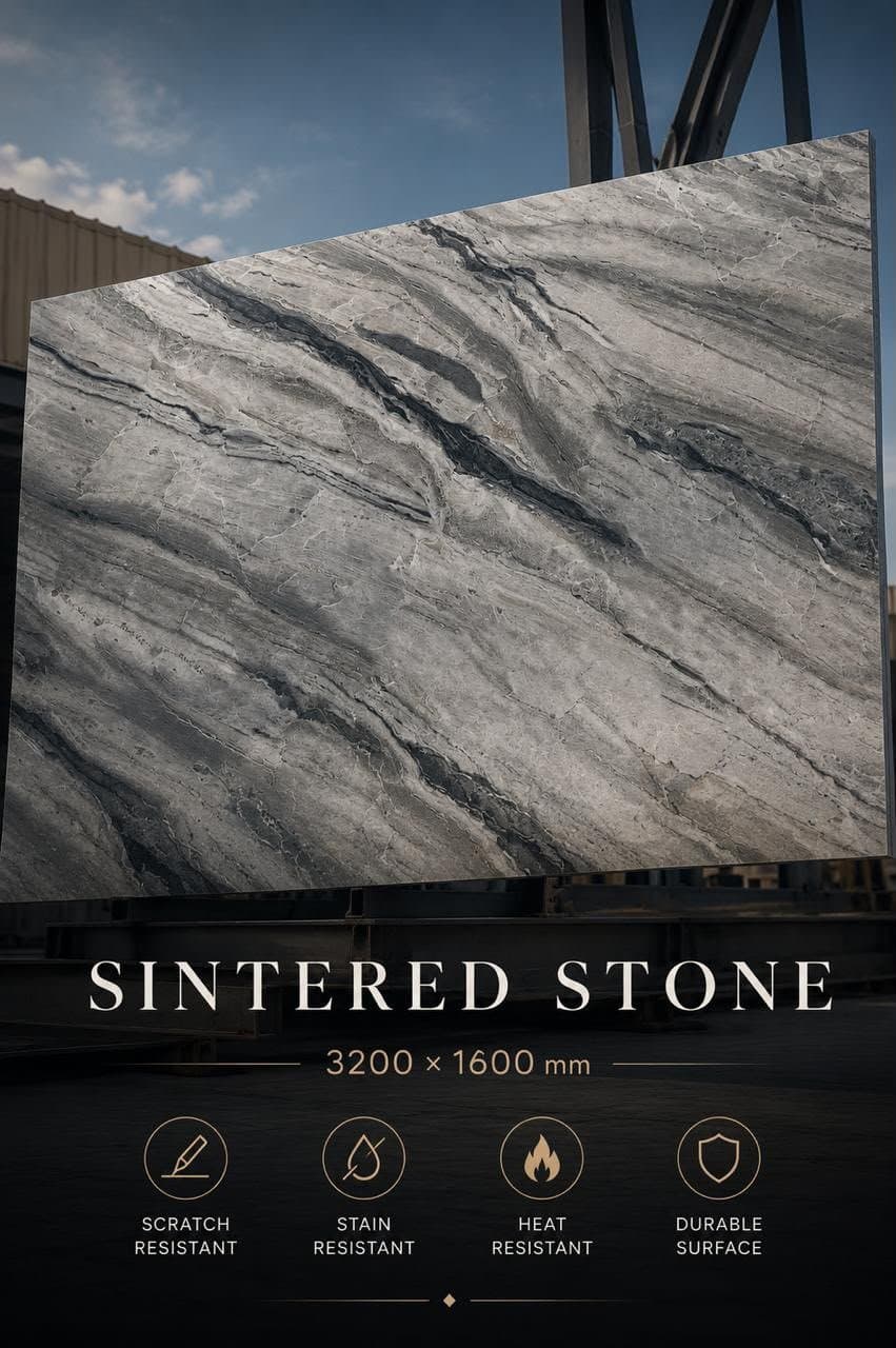 Sintered stone slab, grey-blue stone-look finish