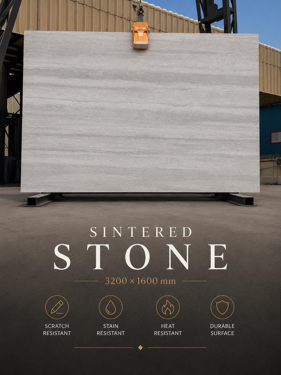 Sintered stone slab, light grey travertine-look finish