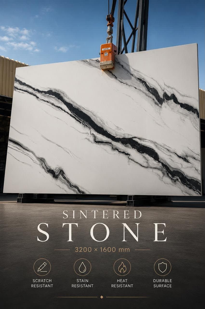 Sintered stone slab, white Calacatta-look with black veining