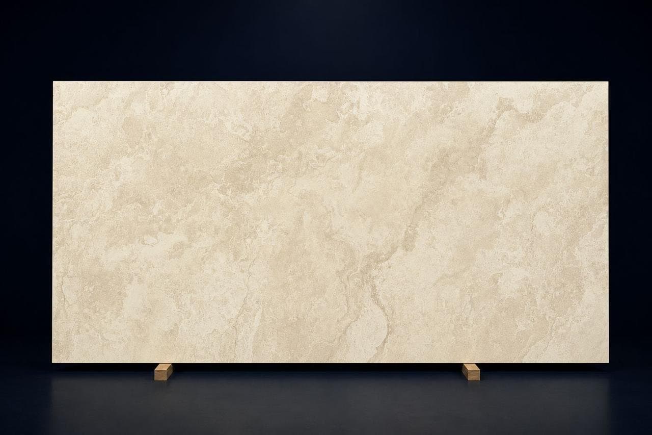 Sintered stone slab, mottled beige finish