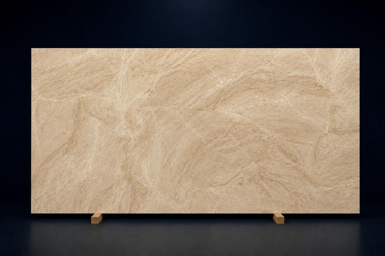 Sintered stone slab, tan veined finish