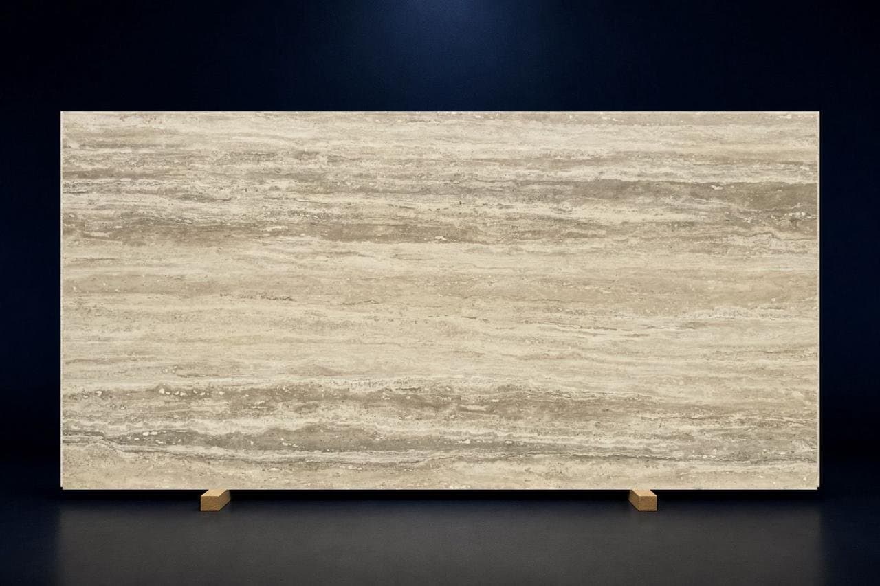 Sintered stone slab, cream linear finish, studio shot