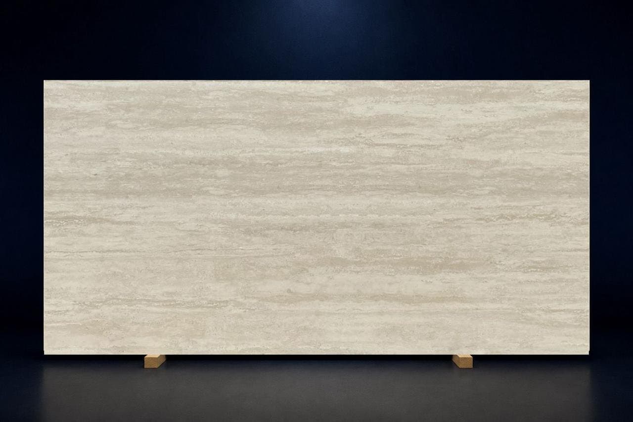 Sintered stone slab, cream linear finish, studio shot