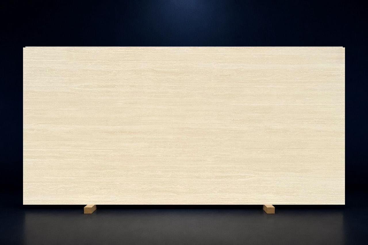 Sintered stone slab, beige terrazzo-look finish