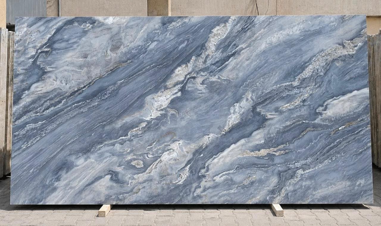 Sintered stone slab, blue-grey stone-look finish