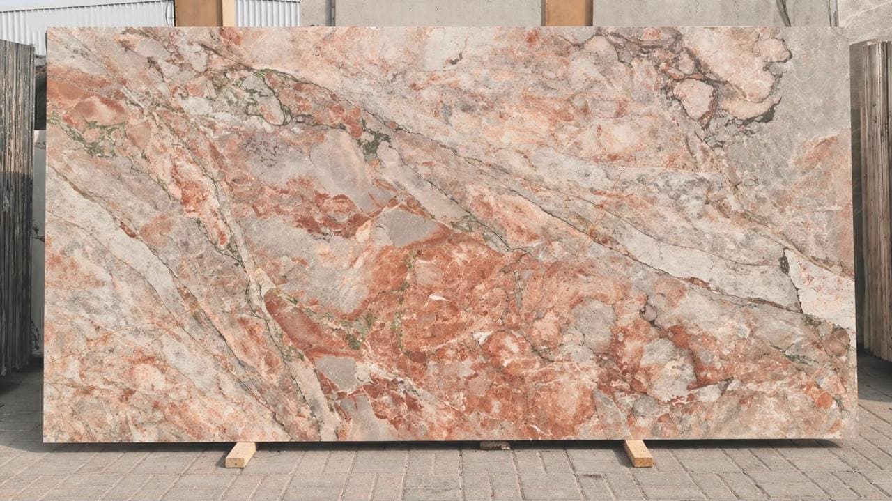 Sintered stone slab, pink-grey stone-look finish