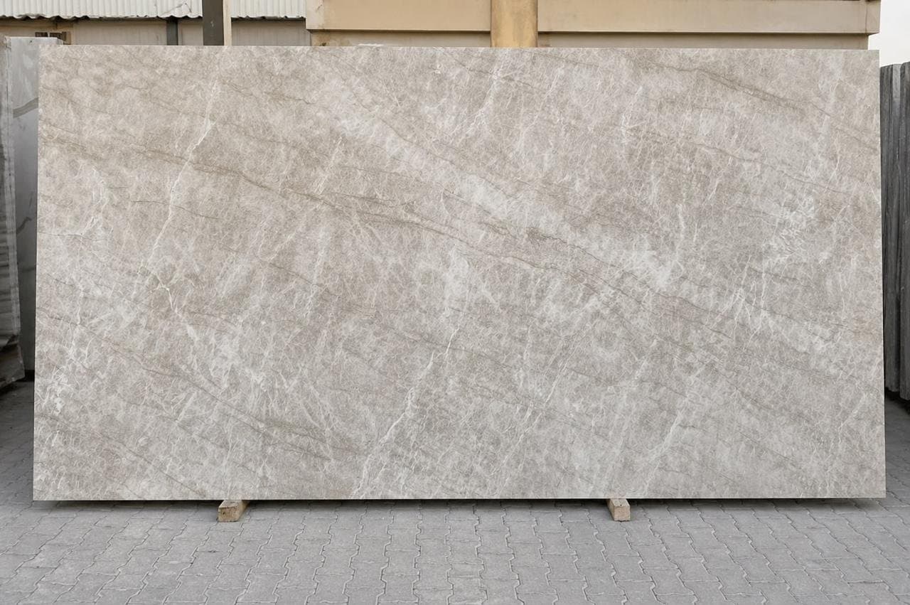 Sintered stone slab, grey mottled finish