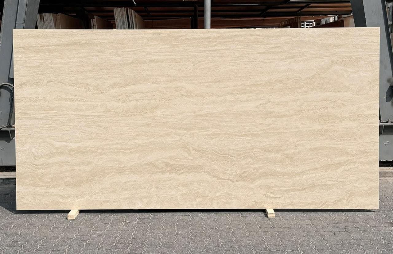 Sintered stone slab, cream linear finish, studio shot
