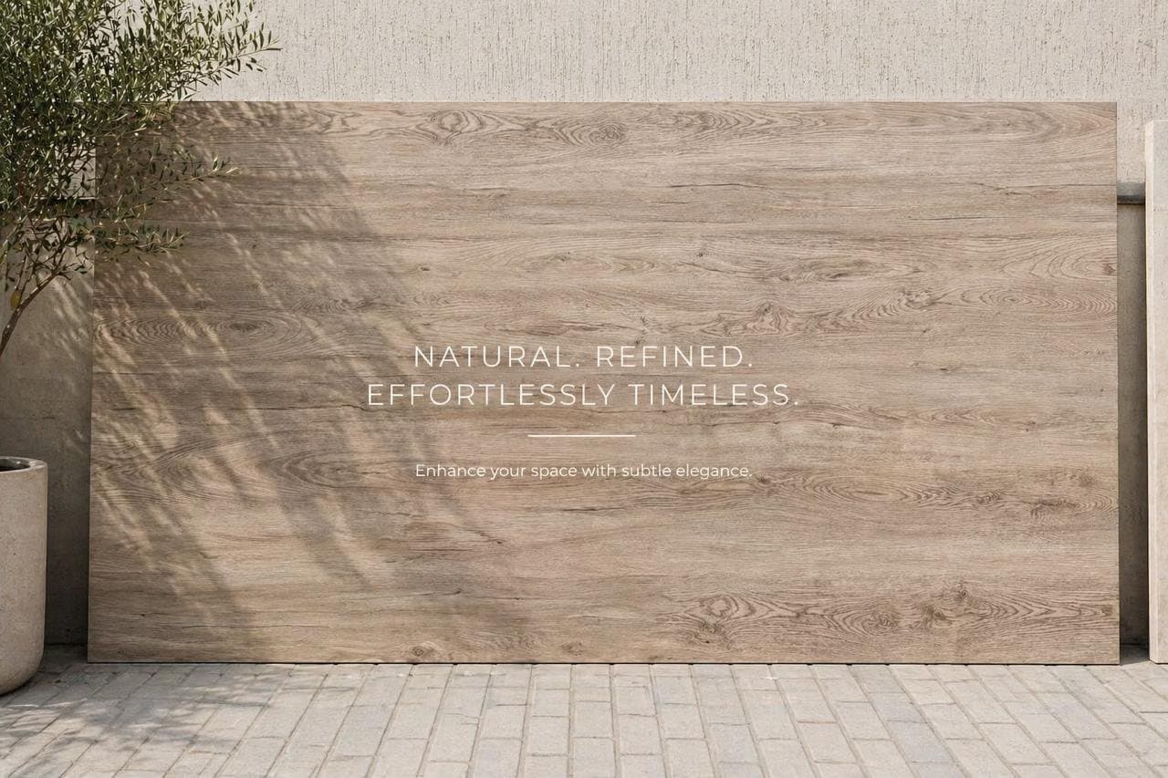 Sintered stone slab, light taupe wood-look finish