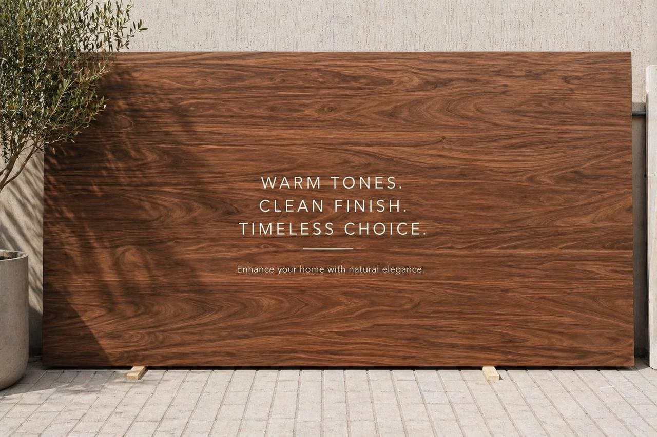 Sintered stone slab, walnut wood-look finish