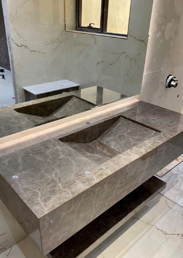 Dark marble double-sink vanity countertop