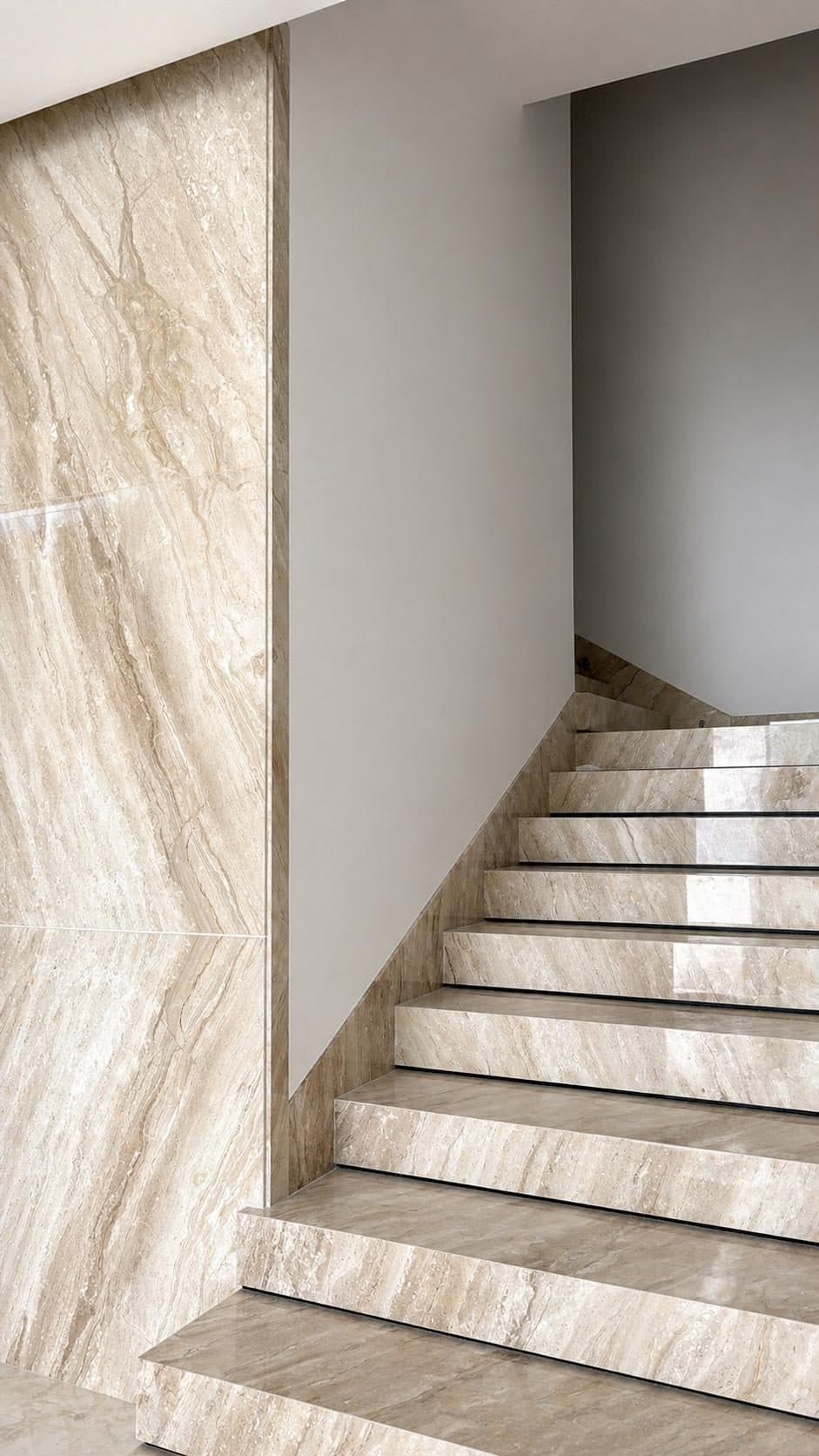 Beige travertine staircase with wall cladding detail